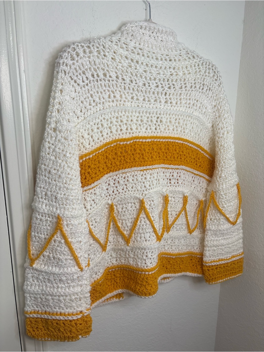 Handmade Knit Crochet Cardigan Sweater Mustard Yellow & Cream Boho - Picture 10 of 16